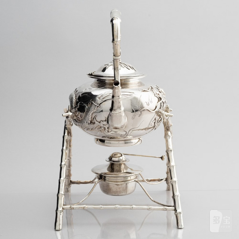 A Chinese five piece export silver tea set, - 图3